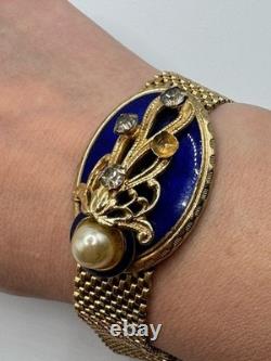 Vintage REINAD Blue Enamel Rhinestone Pearl Mesh Bracelet Gold Tone SIGNED WOW