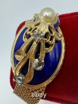 Vintage REINAD Blue Enamel Rhinestone Pearl Mesh Bracelet Gold Tone SIGNED WOW