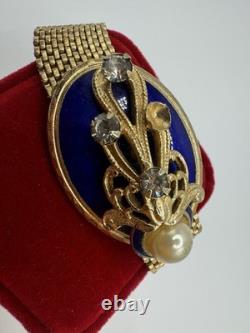 Vintage REINAD Blue Enamel Rhinestone Pearl Mesh Bracelet Gold Tone SIGNED WOW