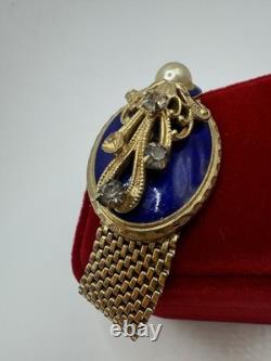 Vintage REINAD Blue Enamel Rhinestone Pearl Mesh Bracelet Gold Tone SIGNED WOW