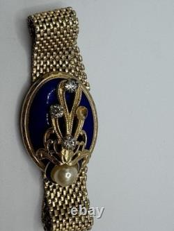 Vintage REINAD Blue Enamel Rhinestone Pearl Mesh Bracelet Gold Tone SIGNED WOW