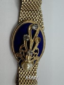 Vintage REINAD Blue Enamel Rhinestone Pearl Mesh Bracelet Gold Tone SIGNED WOW