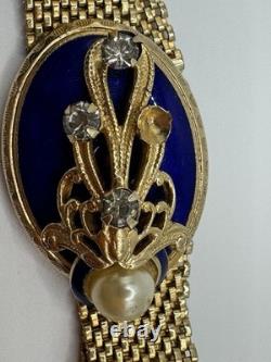 Vintage REINAD Blue Enamel Rhinestone Pearl Mesh Bracelet Gold Tone SIGNED WOW