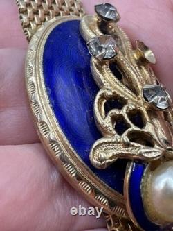 Vintage REINAD Blue Enamel Rhinestone Pearl Mesh Bracelet Gold Tone SIGNED WOW