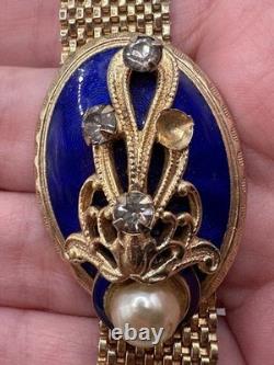Vintage REINAD Blue Enamel Rhinestone Pearl Mesh Bracelet Gold Tone SIGNED WOW