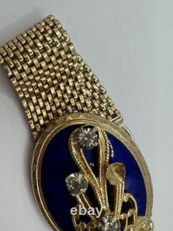 Vintage REINAD Blue Enamel Rhinestone Pearl Mesh Bracelet Gold Tone SIGNED WOW