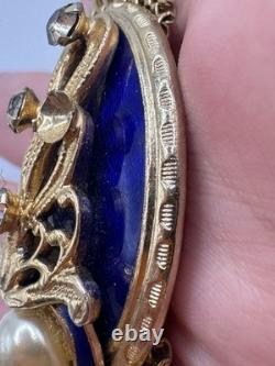Vintage REINAD Blue Enamel Rhinestone Pearl Mesh Bracelet Gold Tone SIGNED WOW
