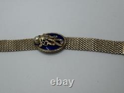 Vintage REINAD Blue Enamel Rhinestone Pearl Mesh Bracelet Gold Tone SIGNED WOW