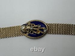 Vintage REINAD Blue Enamel Rhinestone Pearl Mesh Bracelet Gold Tone SIGNED WOW