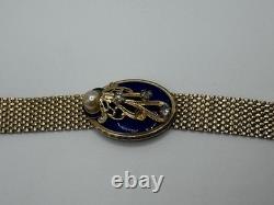 Vintage REINAD Blue Enamel Rhinestone Pearl Mesh Bracelet Gold Tone SIGNED WOW