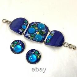 Vintage RUTH BUOL Copper Enamel Jewelry Set Bracelet Earrings Blue Fused Glass