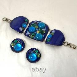 Vintage RUTH BUOL Copper Enamel Jewelry Set Bracelet Earrings Blue Fused Glass