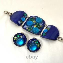 Vintage RUTH BUOL Copper Enamel Jewelry Set Bracelet Earrings Blue Fused Glass