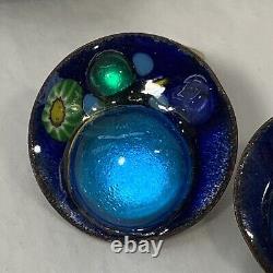 Vintage RUTH BUOL Copper Enamel Jewelry Set Bracelet Earrings Blue Fused Glass