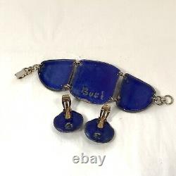 Vintage RUTH BUOL Copper Enamel Jewelry Set Bracelet Earrings Blue Fused Glass