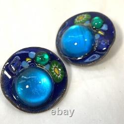 Vintage RUTH BUOL Copper Enamel Jewelry Set Bracelet Earrings Blue Fused Glass