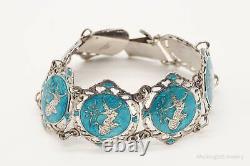 Vintage SIAM Blue Enamel Goddess Lightening Dancers Sterling Silver Bracelet
