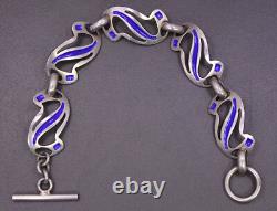 Vintage SIGNED AR. 800 Silver & Blue Enamel Modernist Five Panel Toggle Bracelet