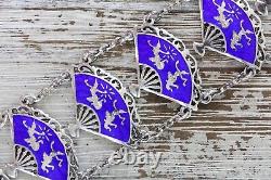 Vintage Siam Blue Enamel Sterling Silver 925 7.25 Bracelet Fan Link Dancing