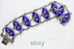 Vintage Siam Blue Enamel Sterling Silver 925 7.25 Bracelet Fan Link Dancing