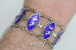 Vintage Siam Blue Enamel Sterling Silver 925 7.25 Bracelet Fan Link Dancing