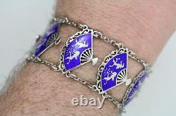 Vintage Siam Blue Enamel Sterling Silver 925 7.25 Bracelet Fan Link Dancing