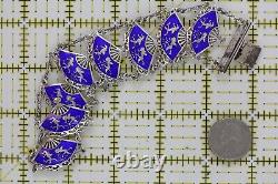 Vintage Siam Blue Enamel Sterling Silver 925 7.25 Bracelet Fan Link Dancing