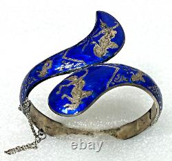 Vintage Siam Niello Sterling Cobalt Blue Hinged Enamel Bangle Bracelet