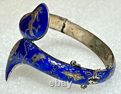 Vintage Siam Niello Sterling Cobalt Blue Hinged Enamel Bangle Bracelet