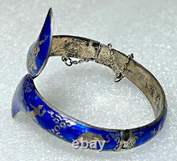 Vintage Siam Niello Sterling Cobalt Blue Hinged Enamel Bangle Bracelet