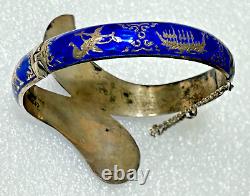 Vintage Siam Niello Sterling Cobalt Blue Hinged Enamel Bangle Bracelet