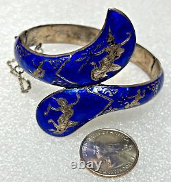 Vintage Siam Niello Sterling Cobalt Blue Hinged Enamel Bangle Bracelet