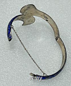 Vintage Siam Niello Sterling Cobalt Blue Hinged Enamel Bangle Bracelet