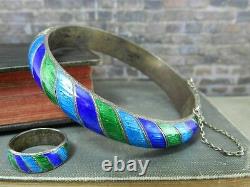 Vintage Siam Sterling Blue & Green Enamel Bangle Bracelet & Ring Set