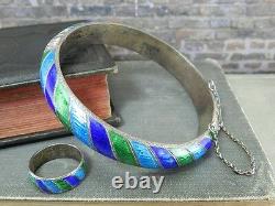 Vintage Siam Sterling Blue & Green Enamel Bangle Bracelet & Ring Set