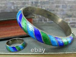 Vintage Siam Sterling Blue & Green Enamel Bangle Bracelet & Ring Set