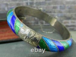 Vintage Siam Sterling Blue & Green Enamel Bangle Bracelet & Ring Set