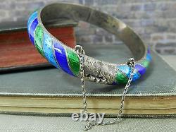 Vintage Siam Sterling Blue & Green Enamel Bangle Bracelet & Ring Set