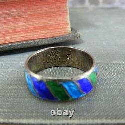 Vintage Siam Sterling Blue & Green Enamel Bangle Bracelet & Ring Set