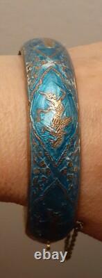 Vintage Siam Sterling Silver Blue Enamel Lady Dancer Bracelet Size Average