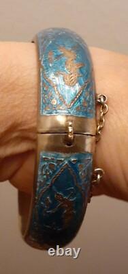 Vintage Siam Sterling Silver Blue Enamel Lady Dancer Bracelet Size Average