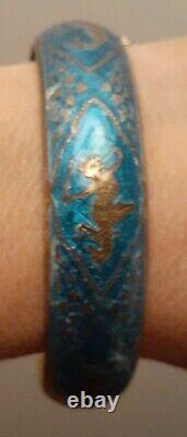 Vintage Siam Sterling Silver Blue Enamel Lady Dancer Bracelet Size Average