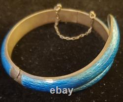 Vintage Siam Sterling Silver Cobalt Blue Guilloche Enamel Snake Hinge Bracelet