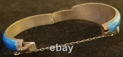 Vintage Siam Sterling Silver Cobalt Blue Guilloche Enamel Snake Hinge Bracelet