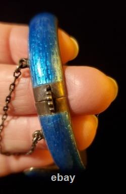 Vintage Siam Sterling Silver Cobalt Blue Guilloche Enamel Snake Hinge Bracelet