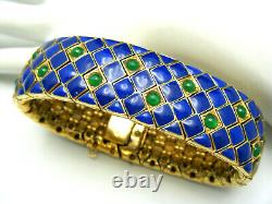 Vintage Signed CINER Blue Enamel Green Glass Cabochons Gold Tone Bracelet