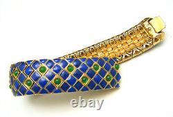 Vintage Signed CINER Blue Enamel Green Glass Cabochons Gold Tone Bracelet