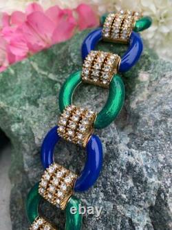Vintage Signed Ciner Designer Rhinestone & Enamel Blue Green Bracelet Couture