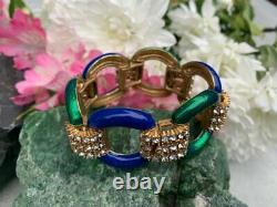 Vintage Signed Ciner Designer Rhinestone & Enamel Blue Green Bracelet Couture