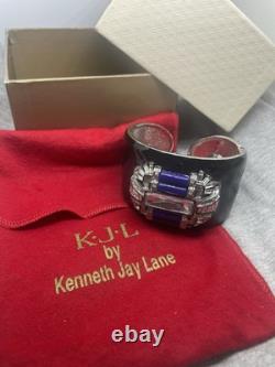 Vintage Signed Kenneth Jay Lane Black Enamel Art Deco Crystal WIDE Cuff Bracelet